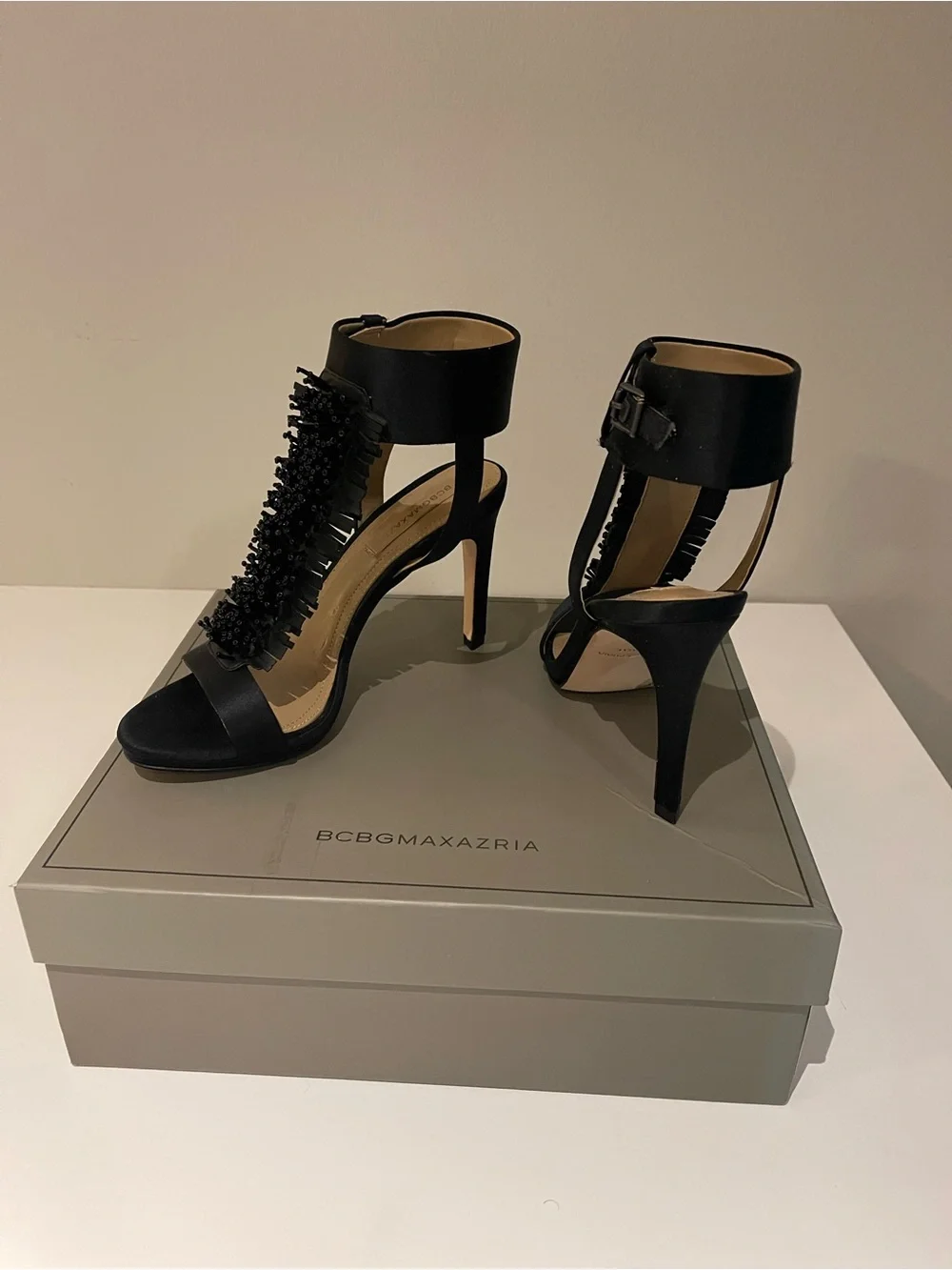 BCBGMaxAzria Black Beaded Fringe T-Strap Heels